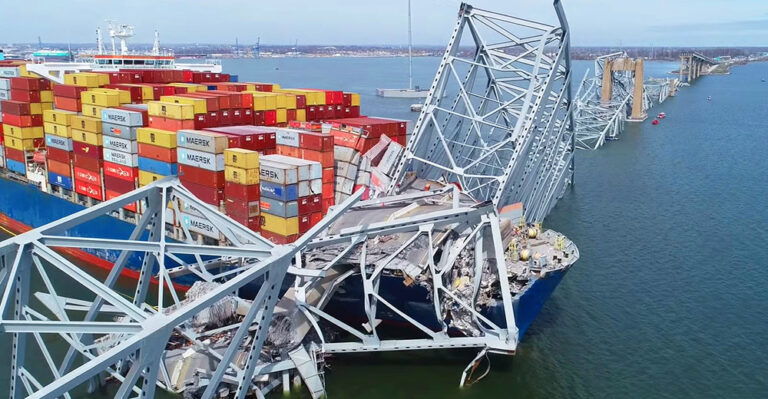 NTSB drone image of Francis Scott Key Bridge and Cargo Ship Dali