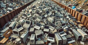 Stacks of old computers in a landfill symbolizing the IT e-waste crisis.