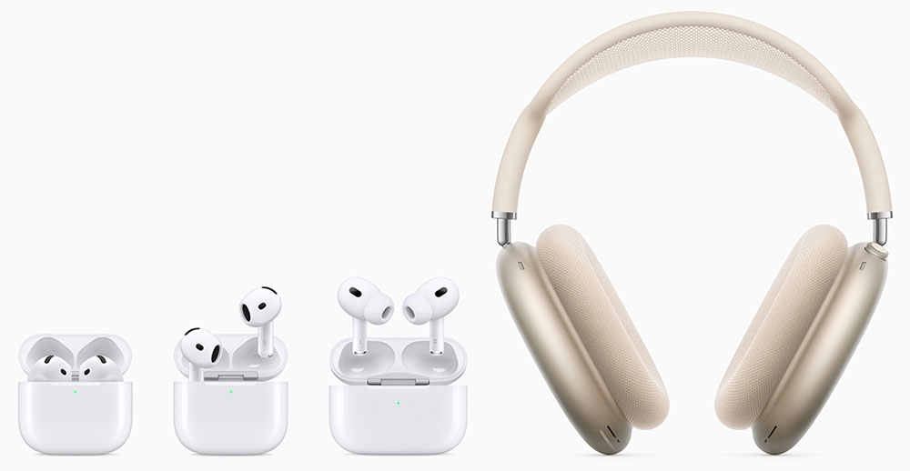 AirPods 4, AirPods 4 con cancelación activa de ruido, AirPods Pro 2, AirPods Max