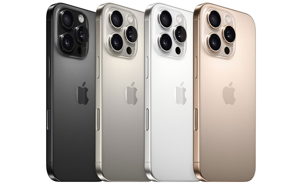 iPhone 16-Pro finish-lineup: black titanium, natural titanium, white titanium, and desert titanium