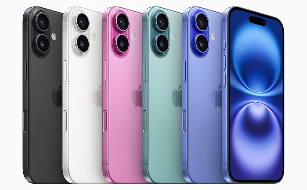 Opciones de color del iPhone 16: negro, blanco, rosa, verde azulado y ultramar